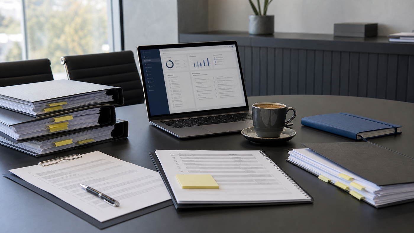 Regulatory readiness workspace with compliance folders, checklists, laptop, and review notes